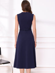 Work Sleeveless Crew Neck Belted A-Line Office Dress