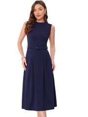 Work Sleeveless Crew Neck Belted A-Line Office Dress