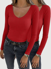 2 Pieces Slim-Fit Long Sleeve V-Neck Casual Ribbed Top