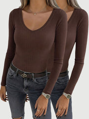 2 Pieces Slim-Fit Long Sleeve V-Neck Casual Ribbed Top