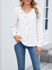 Long Sleeve V Neck Ruffled Chiffon Blouse