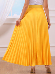 Flowy Pleated Elastic High Waist Belted Swing A-line Maxi Skirt