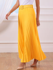 Flowy Pleated Elastic High Waist Belted Swing A-line Maxi Skirt