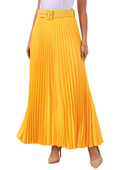Flowy Pleated Elastic High Waist Belted Swing A-line Maxi Skirt