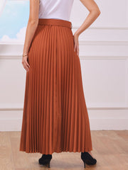Flowy Pleated Elastic High Waist Belted Swing A-line Maxi Skirt