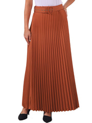 Flowy Pleated Elastic High Waist Belted Swing A-line Maxi Skirt