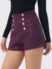 Sequined Tweed Button Front High Waist Shorts