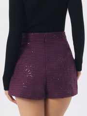 Sequined Tweed Button Front High Waist Shorts
