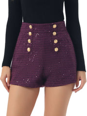Sequined Tweed Button Front High Waist Shorts