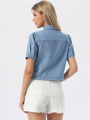 Casual Short Puff Sleeves Button-Down Jean Denim Jacket