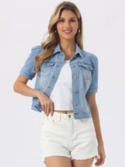Casual Short Puff Sleeves Button-Down Jean Denim Jacket