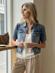 Casual Short Puff Sleeves Button-Down Jean Denim Jacket