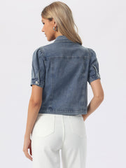 Casual Short Puff Sleeves Button-Down Jean Denim Jacket