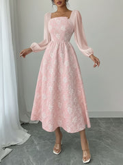 Floral Jacquard Chiffon Puff Sleeves Smocked Back A-Line Dress