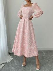 Floral Jacquard Chiffon Puff Sleeves Smocked Back A-Line Dress