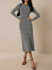 Striped Round Neck Thick Knitted Below-the-knee Dress