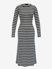 Striped Round Neck Thick Knitted Below-the-knee Dress