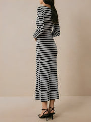 Striped Round Neck Thick Knitted Below-the-knee Dress