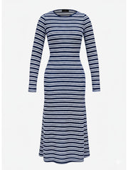 Striped Round Neck Thick Knitted Below-the-knee Dress