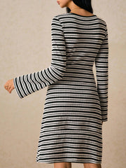 Striped Round Neck Knit Bell Sleeve Midi Dress