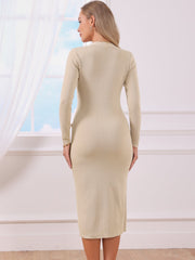 Button Decor Knit Bodycon Midi Sweater Dress