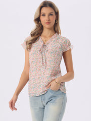 Ditsy Floral Print Chiffon Short Sleeve Ruffle Blouse