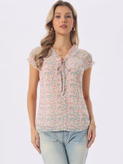 Ditsy Floral Print Chiffon Short Sleeve Ruffle Blouse