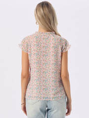 Ditsy Floral Print Chiffon Short Sleeve Ruffle Blouse