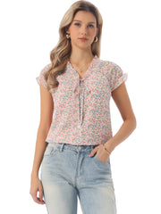 Ditsy Floral Print Chiffon Short Sleeve Ruffle Blouse