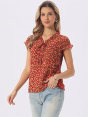Ditsy Floral Print Chiffon Short Sleeve Ruffle Blouse