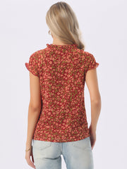 Ditsy Floral Print Chiffon Short Sleeve Ruffle Blouse