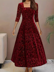 Floral Jacquard Long Sleeve Square Neck Velvet A-Line Dress