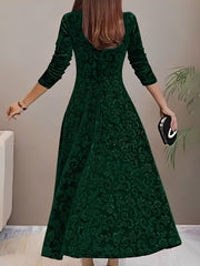 Floral Jacquard Long Sleeve Square Neck Velvet A-Line Dress