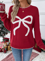 Loose Long Sleeve Round Neck Christmas Bow Sweater