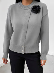 Solid Color Button Front Flower Decor Knitted Sweater