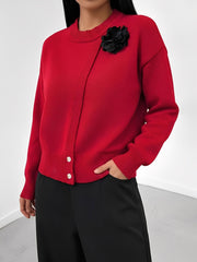 Solid Color Button Front Flower Decor Knitted Sweater