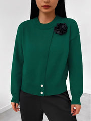 Solid Color Button Front Flower Decor Knitted Sweater
