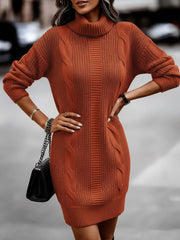 Solid Color Turtleneck Long Sleeve Knitted Sweater Dress
