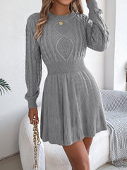 Round Neck Long Sleeves Cable Knit Mini Sweater Dress