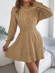 Round Neck Long Sleeves Cable Knit Mini Sweater Dress