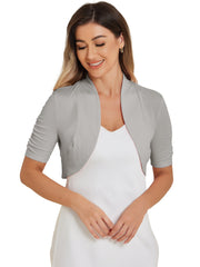 Short Ruched Sleeve Open Front Knit Cropped Bolero Shrugs