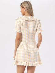 Gingham Checks Ruffled Peter Pan Collar 1960s Vintage Mini Dress