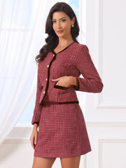 2 Piece Outfits Plaid Tweed Cropped Blazer Jacket & Mini Skirt Suit Set