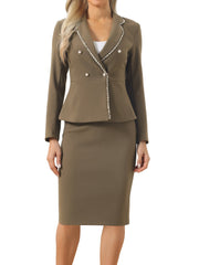 Business Suit 2 Pieces Tweed Trim Blazer Jacket and Skirt Set
