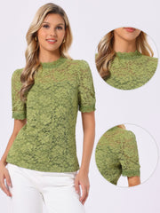 Floral Lace Mock Neck Puff Short Sleeve Blouse