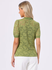 Floral Lace Mock Neck Puff Short Sleeve Blouse