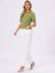 Floral Lace Mock Neck Puff Short Sleeve Blouse
