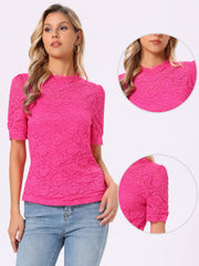 Floral Lace Mock Neck Puff Short Sleeve Blouse