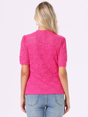 Floral Lace Mock Neck Puff Short Sleeve Blouse