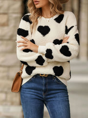 Fleece Heart Print Long Sleeve Round Neck Pullover Sweatshirt